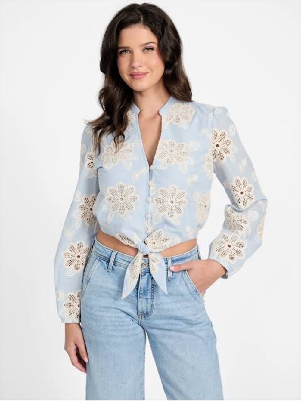 Guess by Marciano Light Blue Eyelet Tie-Front Blouse